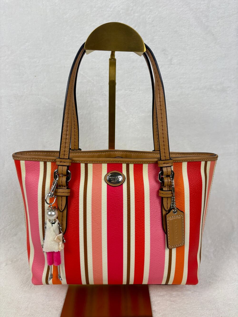 Coach Peyton Multi-Stripe Mini Tote Handle Bag with Charm